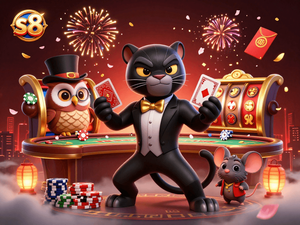 Experience thrilling slots at s8 with a stylized illustrated scene of casino characters and vibrant game elements.