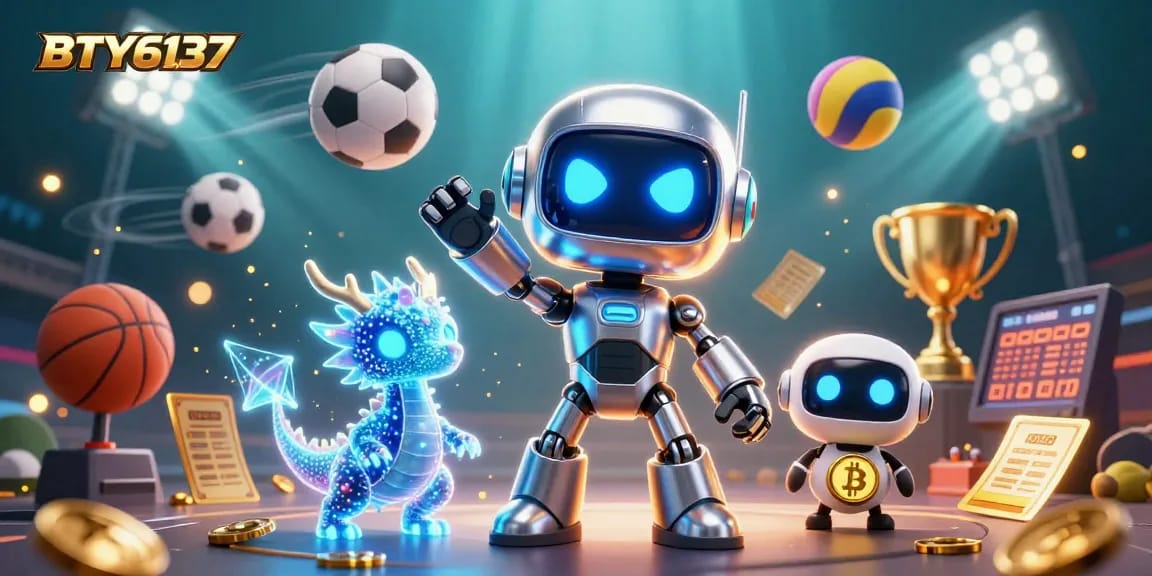Engage with BTY6137 casino fun as a vibrant robot mascot, holographic dragon, and drone assist in action.