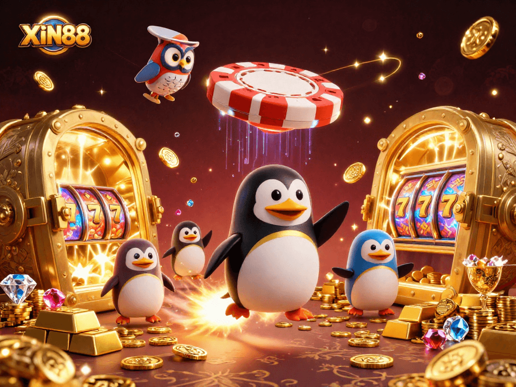 XIN88 slots illustration with a golden penguin and vibrant casino elements in space.