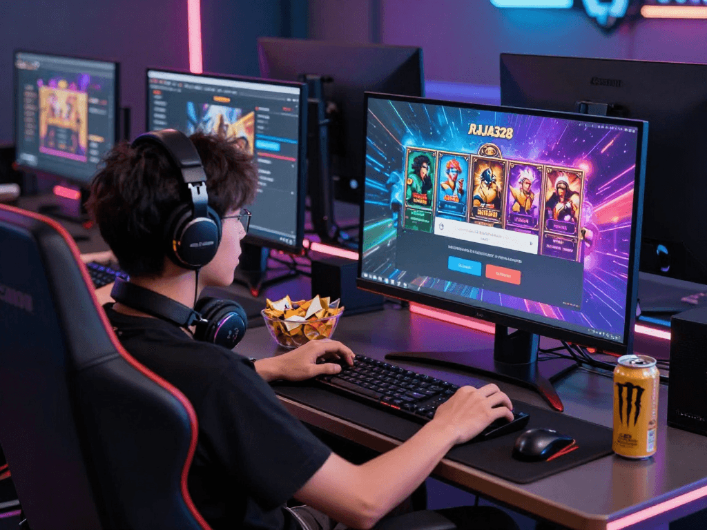 RAJA328 login interface on a vibrant gaming setup featuring immersive online experiences.