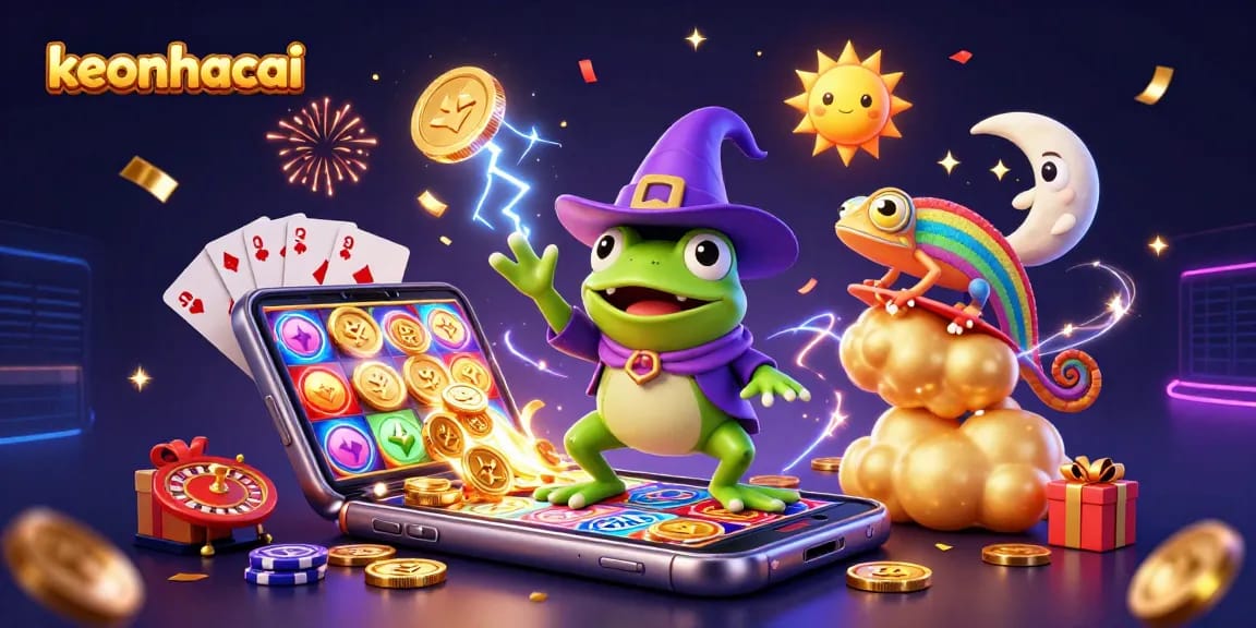 Spin to win with keonhacai as the wizard frog unleashes golden coins in a vibrant casino scene