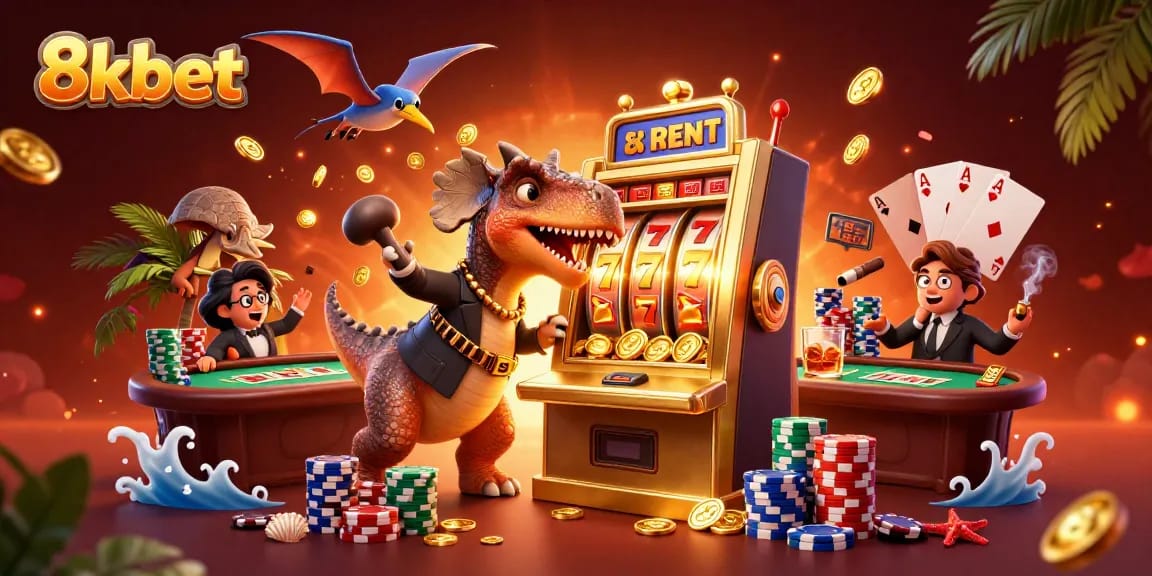 Experience thrilling jackpots at 8kbet with slot machines, coins flying, and casino excitement.