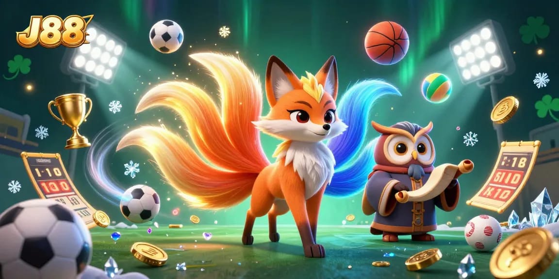 Experience thrilling action in J88 with dynamic sports elements and enchanting characters in a lively casino scene.