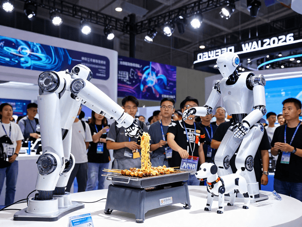 Showcasing Robot24 innovations at WAIC 2026 exhibition with humanoid robots grilling and showcasing AI advancements