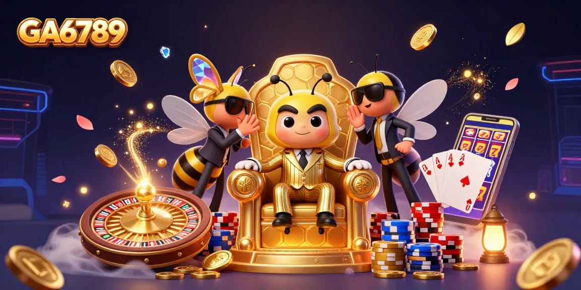 Engage with GA6789 in a vibrant 3D casino scene filled with dynamic gaming elements.