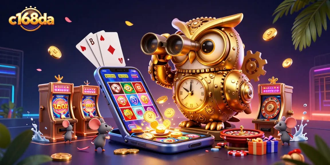 Join the excitement at c168da with vibrant slot machines, golden coins, and playful casino characters.