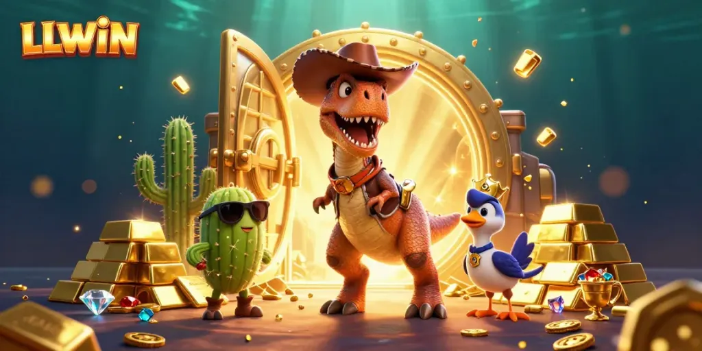 Experience the thrill of gaming at LLWIN with a dynamic 3D cartoon scene showcasing a cowboy dinosaur, treasure, and exciting casino elements.