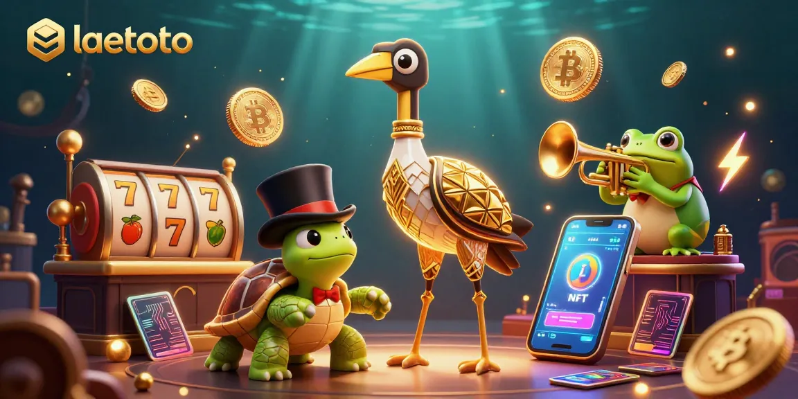 Spin the reels at laetoto's vibrant casino scene with lively characters and crypto elements.