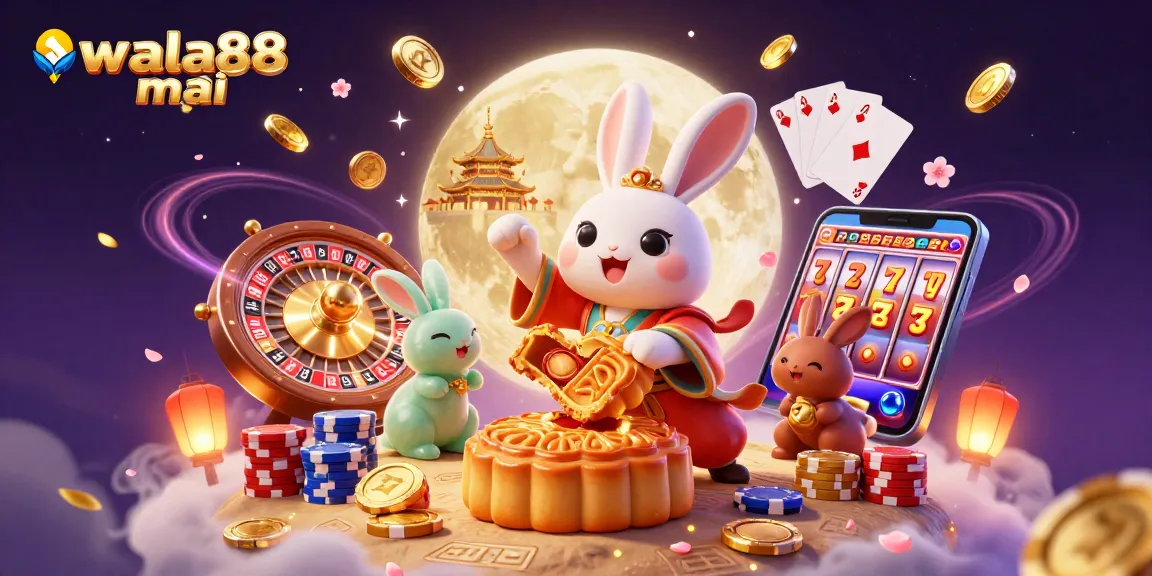 Experience the thrill of wala88 mới as the moon rabbit spins poker chips and golden coins in a vibrant casino scene.