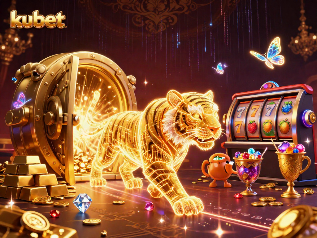 Kubet casino showcases a 3D golden tiger and treasures in a vibrant slots scene, captivating players with neon energy.