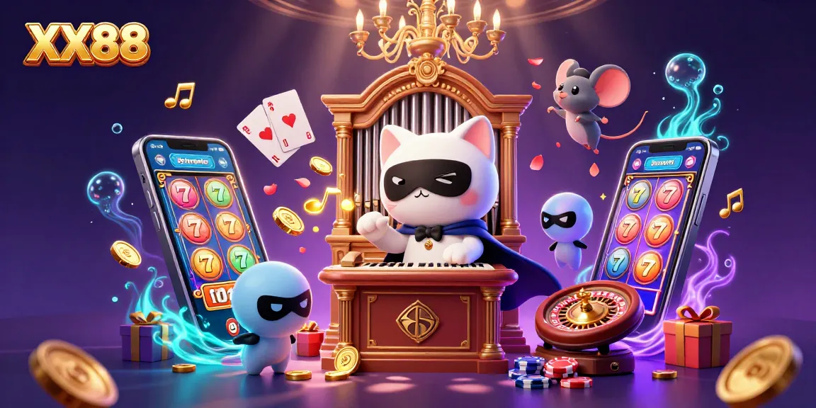 Experience thrilling wins at XX88 with the captivating scene of a casino cat and mouse acrobat.