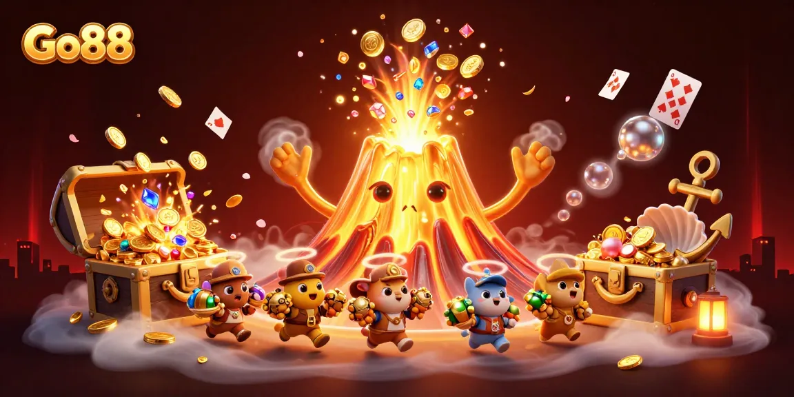 Players experience the thrilling excitement of Go88 with a vibrant erupting volcano and treasure-filled adventure.