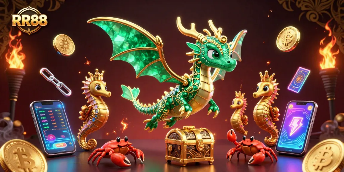 Experience the excitement at RR88 Casino with a vibrant 3D illustration featuring a dragon, crypto coins, and treasure.