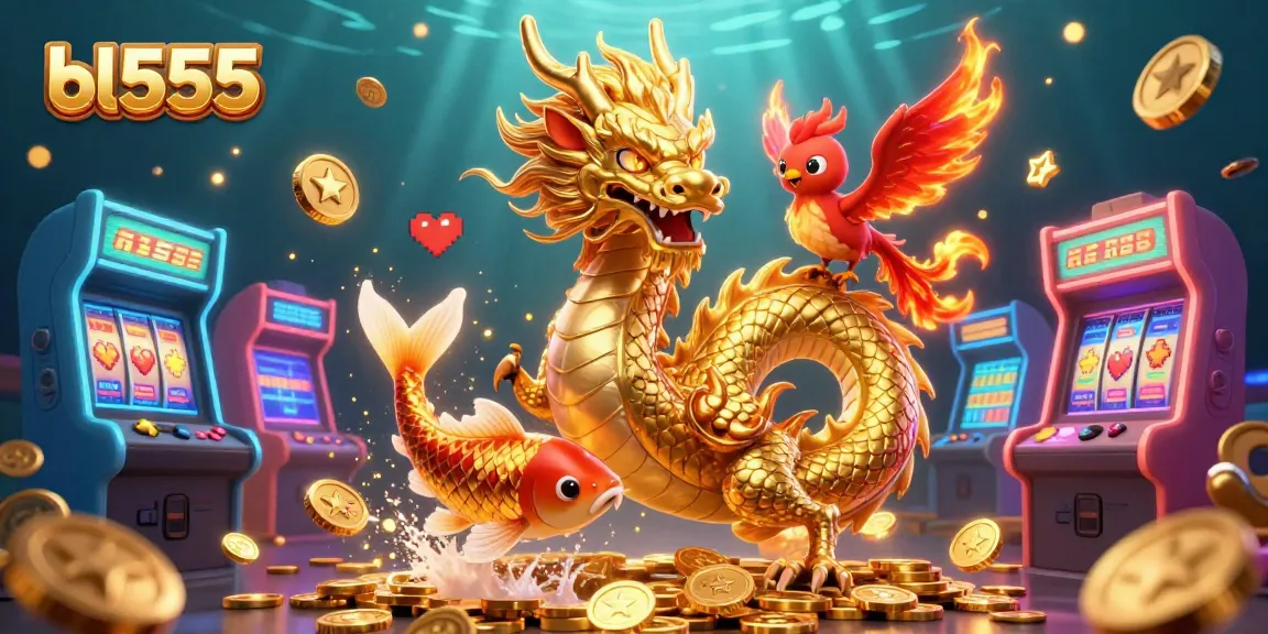 Join the thrilling action of bl555 showcasing a golden dragon, phoenix, and koi fish surrounded by vibrant casino elements!