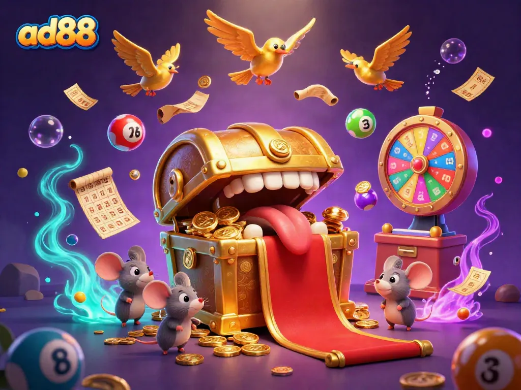 Engage with ad88's vibrant lottery-themed scene featuring colorful balls, a treasure chest, and dynamic gaming elements.