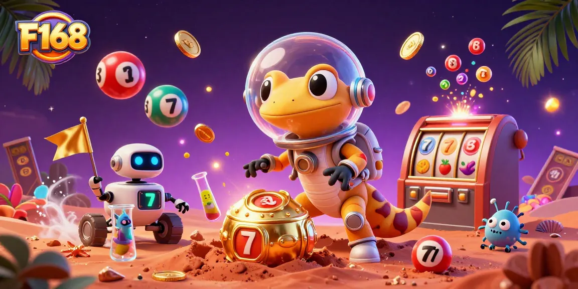 F168 offers thrilling casino adventures with vibrant games and excitement in a vibrant illustration.