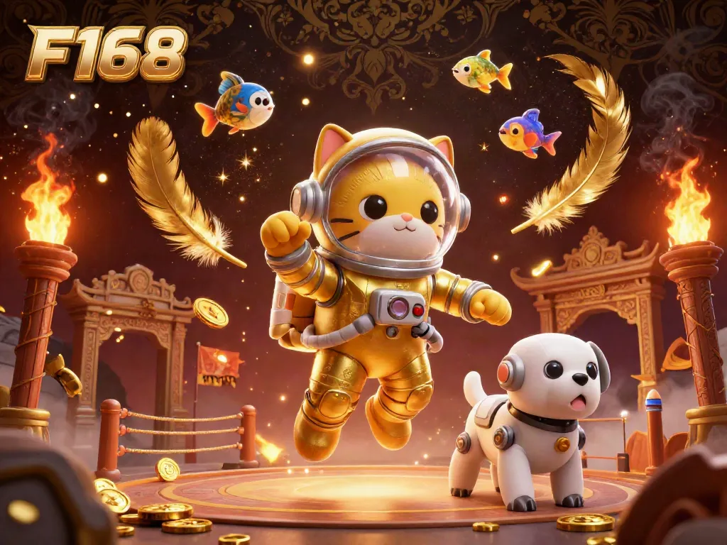 Experience the thrill of F168 with exciting gambling elements in a cosmic scene featuring a funky astronaut cat.