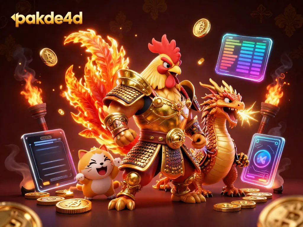 Engage with the exciting world of pakde4d, featuring a powerful rooster warrior and dragon amidst vibrant casino elements.