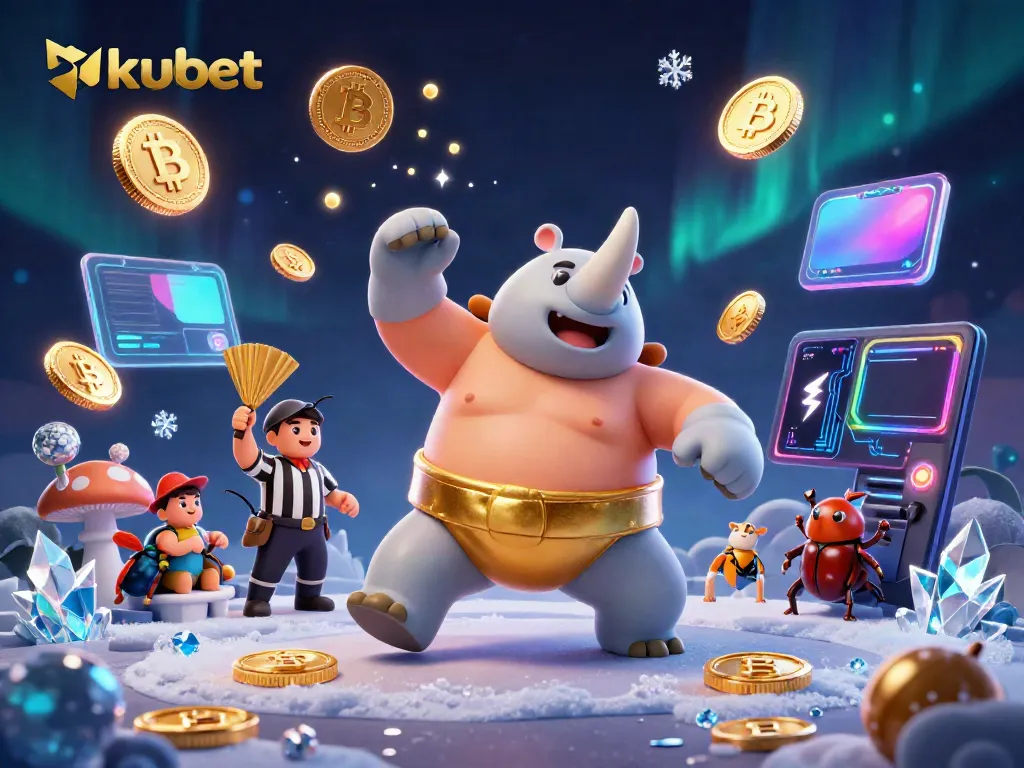Engage with Kubet's thrilling casino experience featuring a dynamic sumo champion and glowing crypto elements.