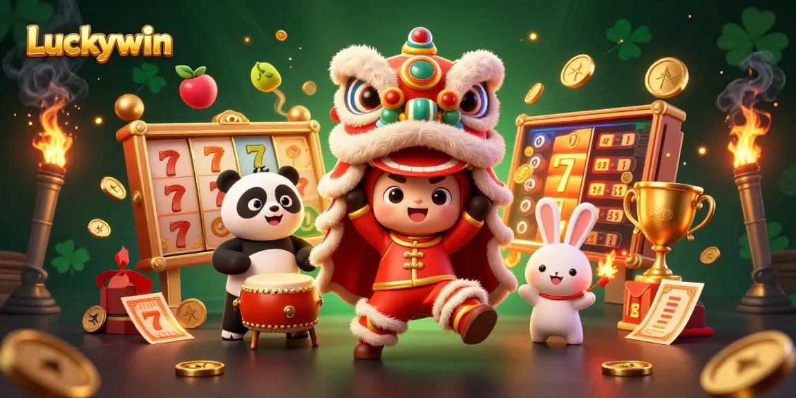Luckywin captures the excitement of casino gaming with vibrant characters and dynamic slot elements.