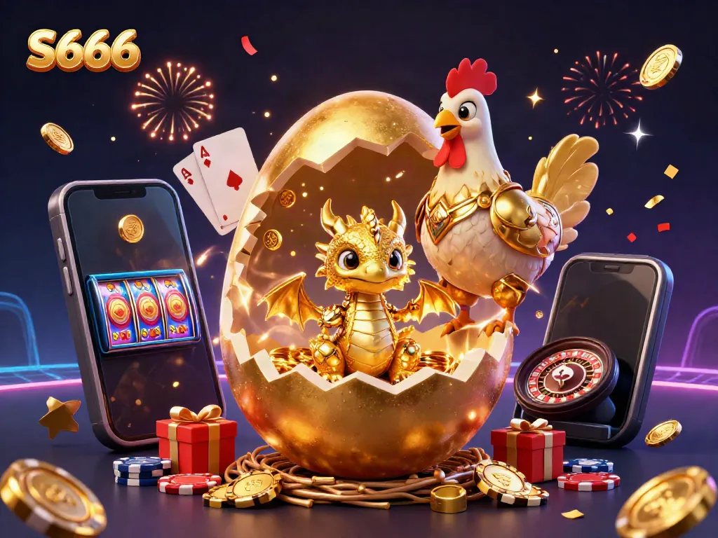 Experience excitement with S666 and its vibrant gambling scene, featuring a golden dragon and poker chips.