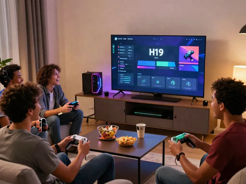 Friends enjoying H19 gaming platform in a lively living room setting.