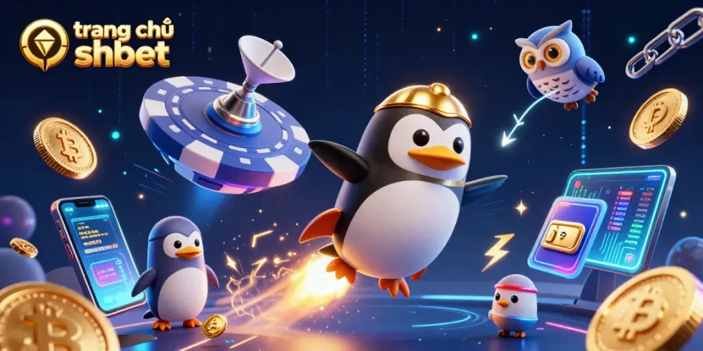 Engage with trang chủ shbet in a vibrant 3D casino universe featuring a rocket-powered penguin, Bitcoin, and Ethereum coins.