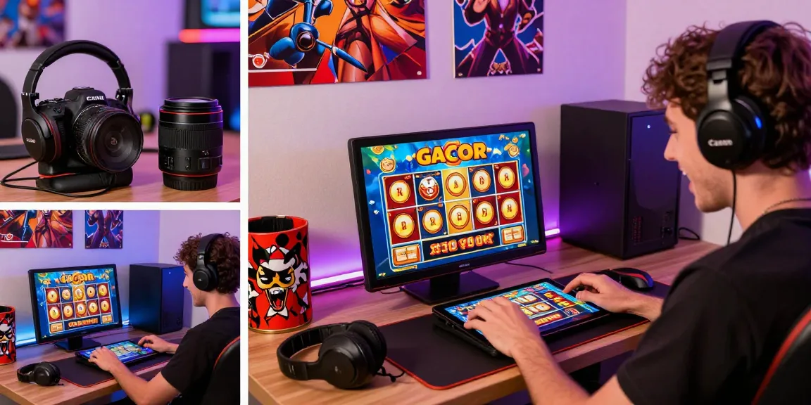 Player immersed in slot gacor game, showcasing vibrant graphics and gaming accessories in a lively atmosphere.