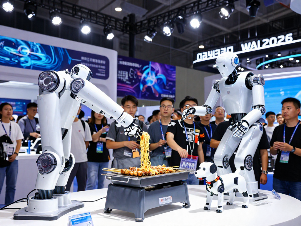 Showcasing Robot24 innovations at WAIC 2026 exhibition with humanoid robots grilling and showcasing AI advancements