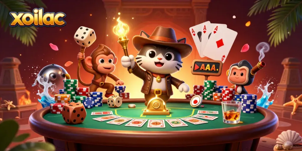 Experience xoilac's vibrant casino adventure with characters surrounded by poker elements.