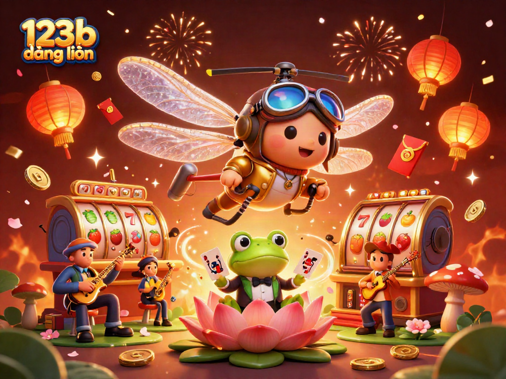 Experience 123b đăng nhập with vibrant casino action featuring dragonfly pilots and frog croupiers in a lively setting.