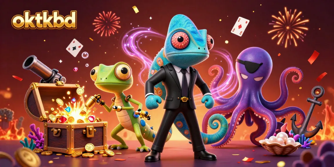 Engage with the intense gambling excitement at oktkbd, featuring an adventurous chameleon and gecko in a vibrant 3D scene.