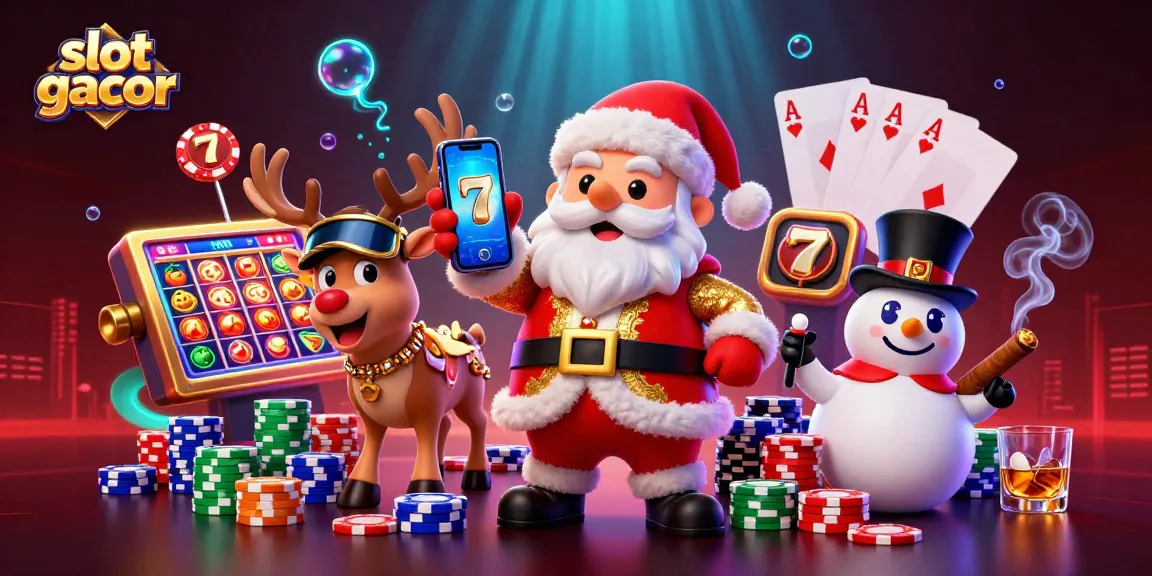 Menghadirkan slot gacor, Santa Claus yang ramah memegang smartphone jackpot slots, dikelilingi elemen permainan kasino.