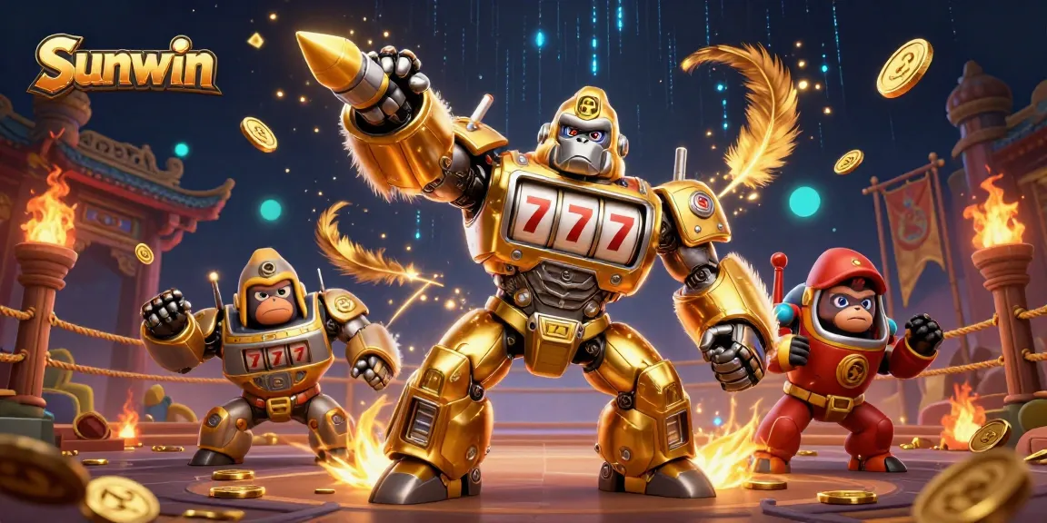 Experience exciting gameplay with Sunwin’s golden gorilla mech and slot machines bursting coins!