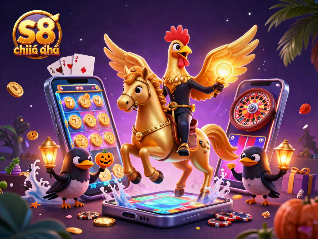 Experience thrilling casino action with s8 chính thức as golden rooster rides through a vibrant midnight scene.