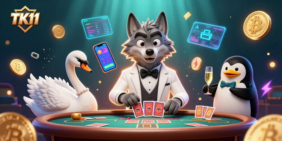 Experience thrilling baccarat with TK11's vibrant 3D casino scene featuring iconic characters and crypto elements.