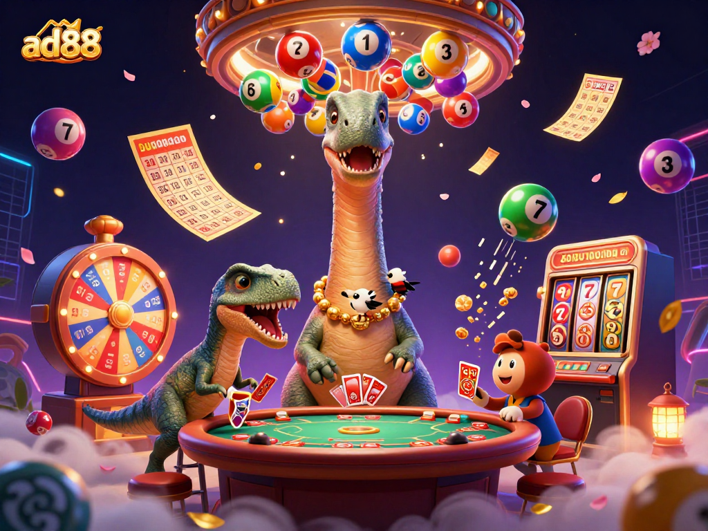Engage in thrilling casino action at ad88 with a whimsical 3D scene featuring a brontosaurus and a raptor dealer.