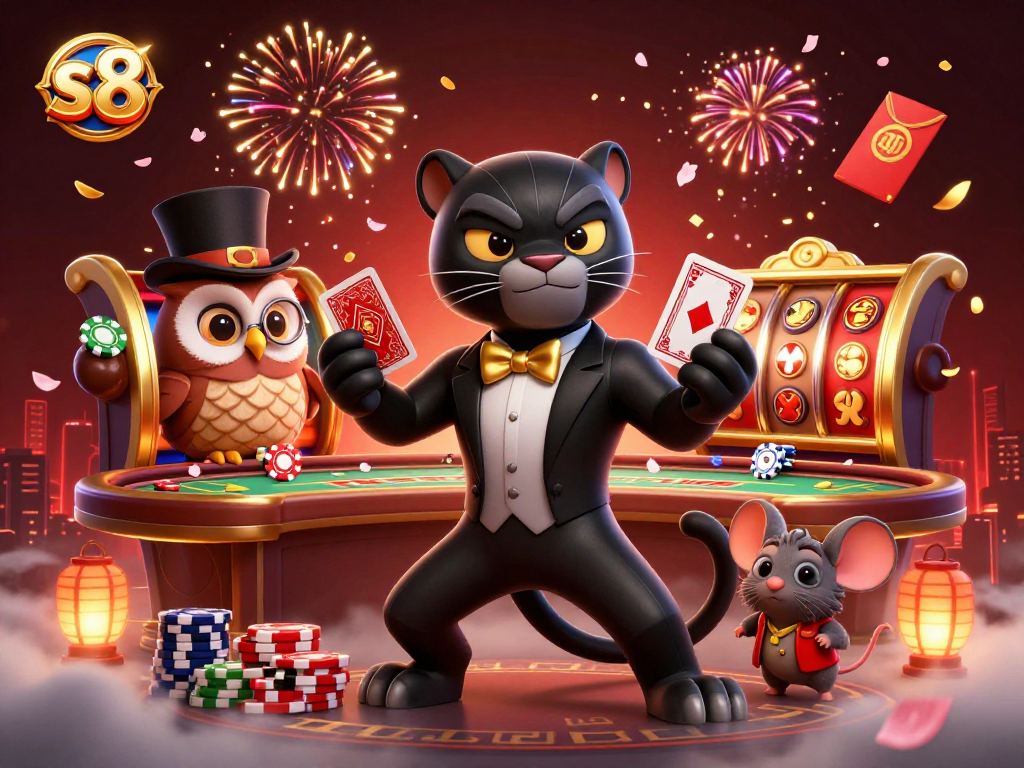 Experience thrilling slots at s8 with a stylized illustrated scene of casino characters and vibrant game elements.