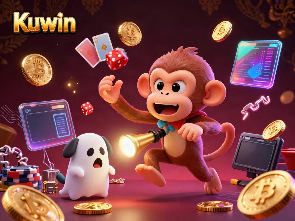 Kuwin gamers track a mischievous monkey juggling casino chips in a vibrant online casino scene.