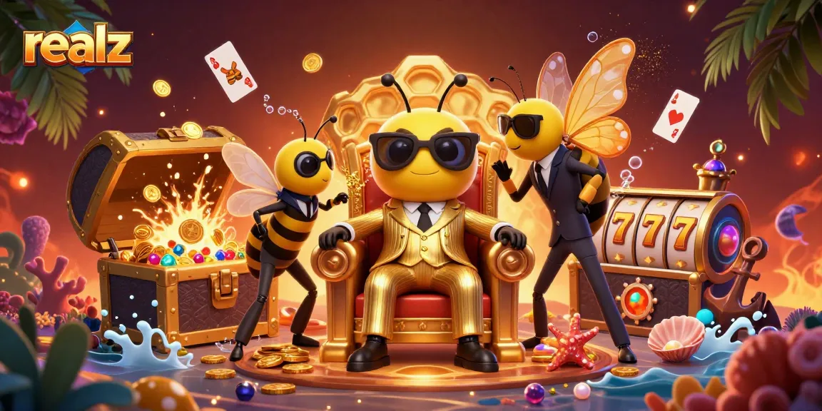 Experience realz casino thrills with a bumblebee mob boss and vibrant gaming elements.