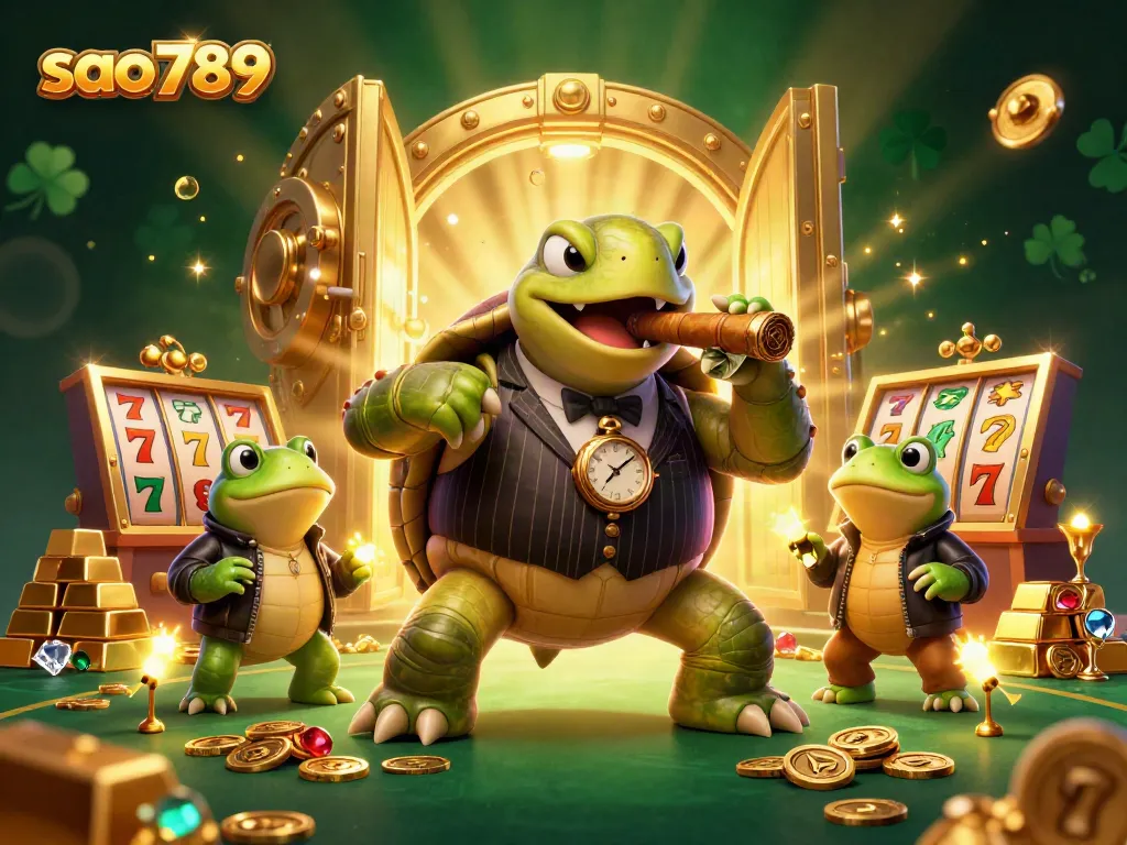 Sao789 showcases a cartoon turtle and bullfrogs amidst vibrant casino elements like gold and slot machines.