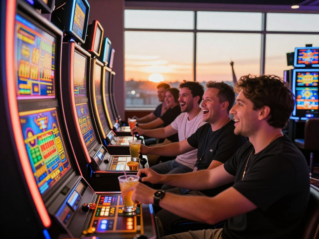 Engaging scene of players experiencing the excitement of a slot jackpot in a vibrant casino atmosphere.