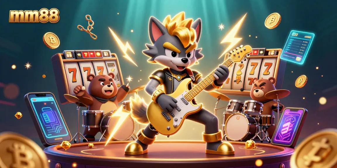 Experience exhilarating gaming excitement with mm88's vibrant casino-themed illustration showcasing slot action and crypto elements.