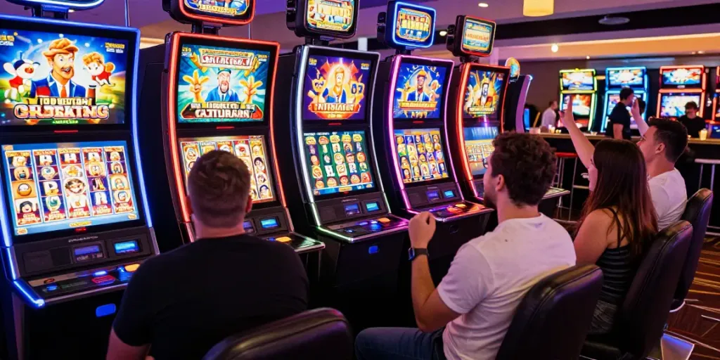 Area mesin slot yang ramai, pemain bersenang-senang di kasino dengan mesin berwarna-warni.