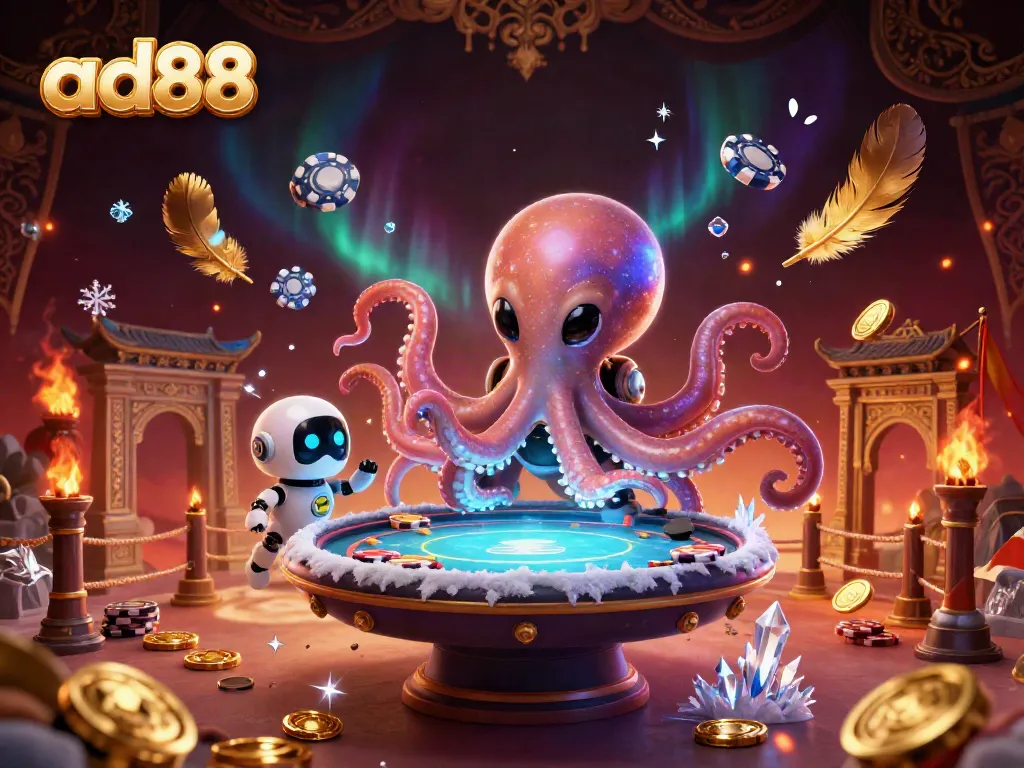 Experience ad88's thrilling casino ambiance with a vibrant alien octopus and playful robot navigating a holographic poker game.