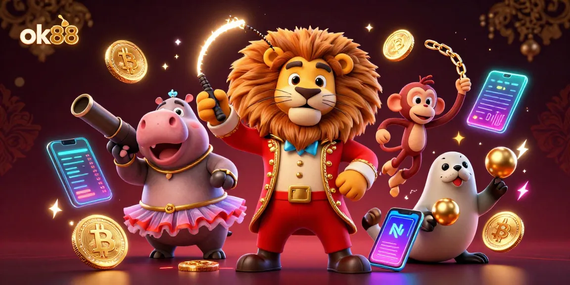 Experience the excitement of ok88 with a vibrant circus-themed digital casino illustration.