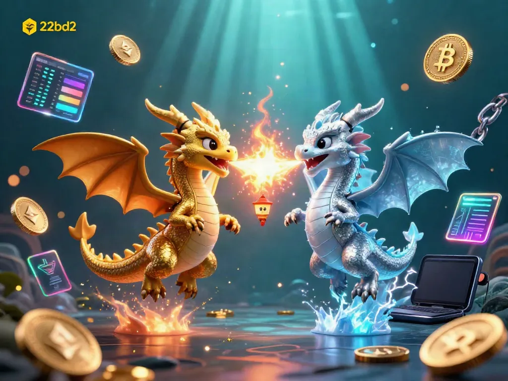 Engage with the thrilling ambiance of 222bd2, featuring golden and silver dragons unleashing fire and ice amidst a backdrop of cryptocurrency.