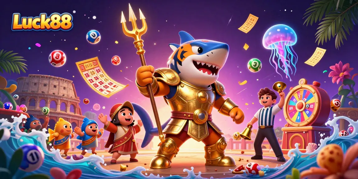 Experience the excitement of Luck88 with the tiger shark in battle, amidst colorful casino elements.
