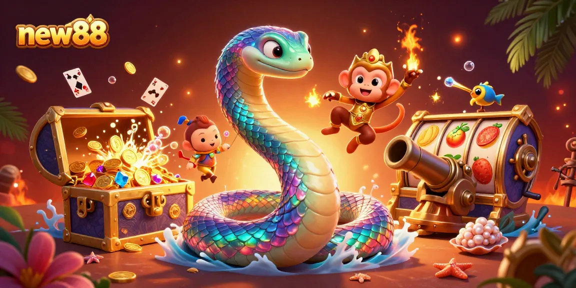 Experience the excitement of new88 with this vibrant 3D illustration featuring a playful monkey king and a colorful serpent in a casino adventure.