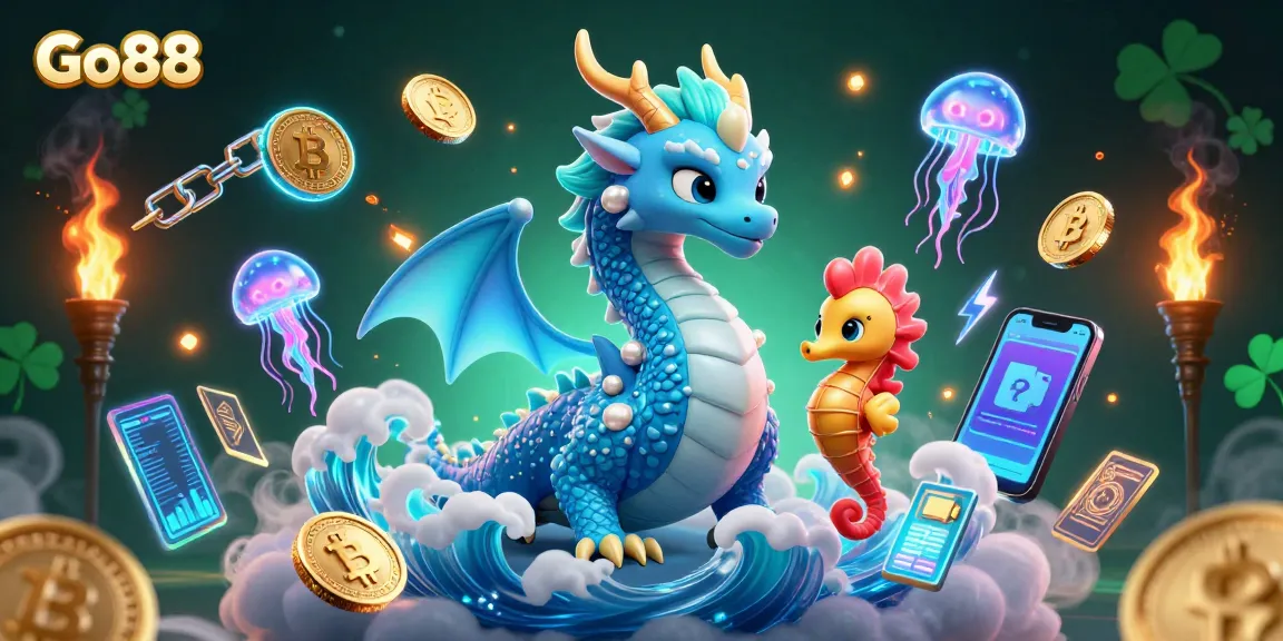 Engage with the Go88 gaming world through a vibrant 3D illustration featuring a dragon and crypto-themed elements.
